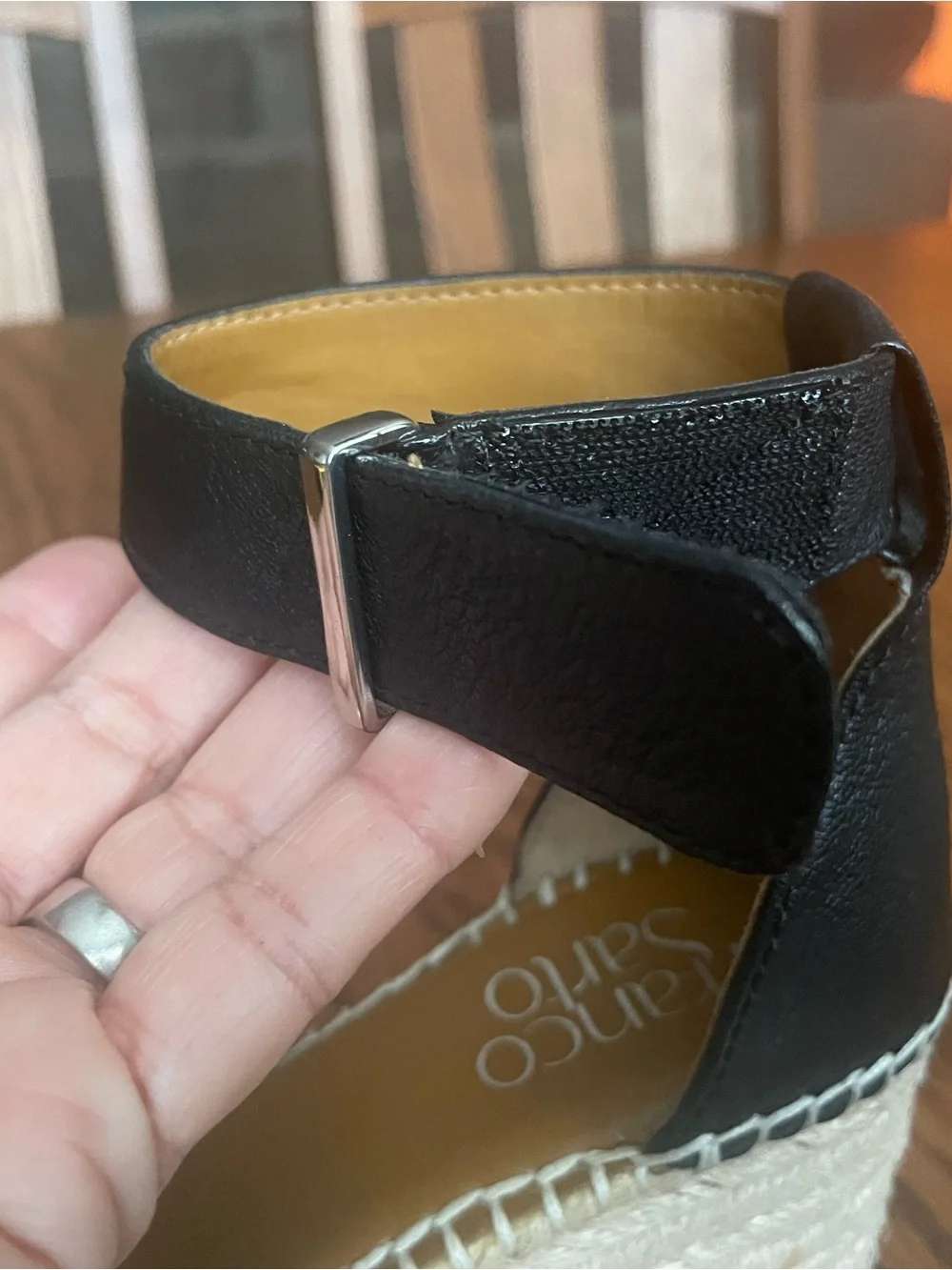 Franco Sarto Black Leather Espadrille Wedge Sandals Size 5